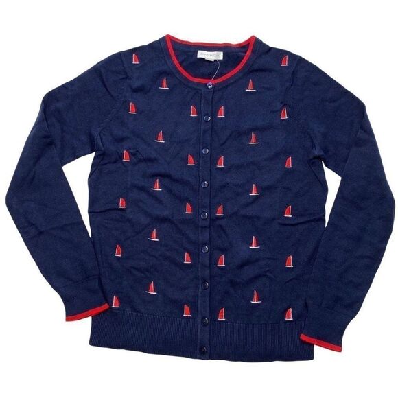 Charter Club‎ Blue Red Sail Boat Embroidered Cardigan Sz XS NEW - Picture 1 of 8